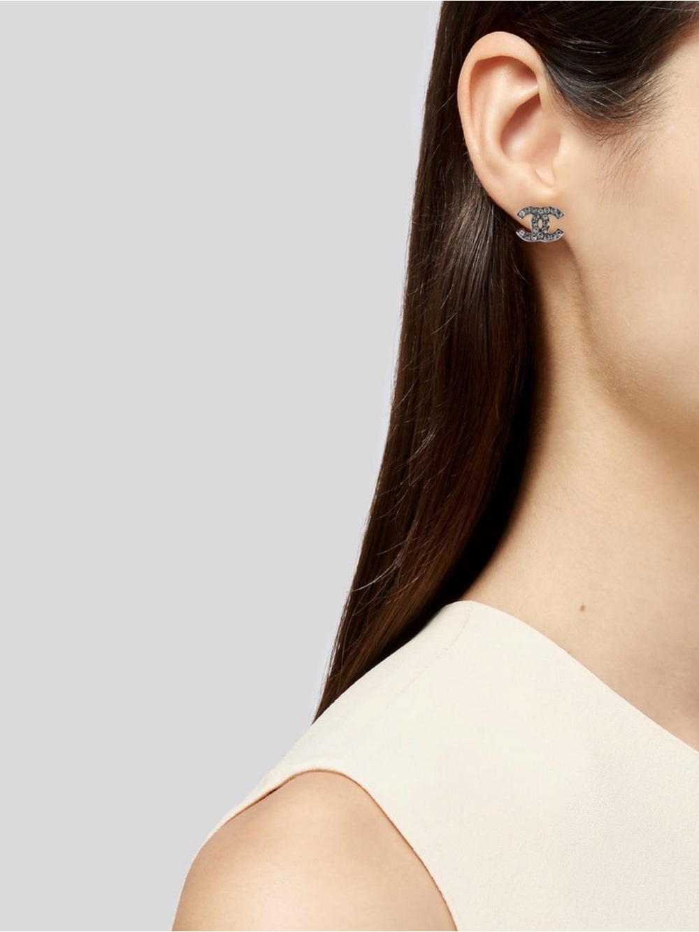 CHANEL Silver Double C Crystal Logo Stud Earrings - Picture 2 of 3